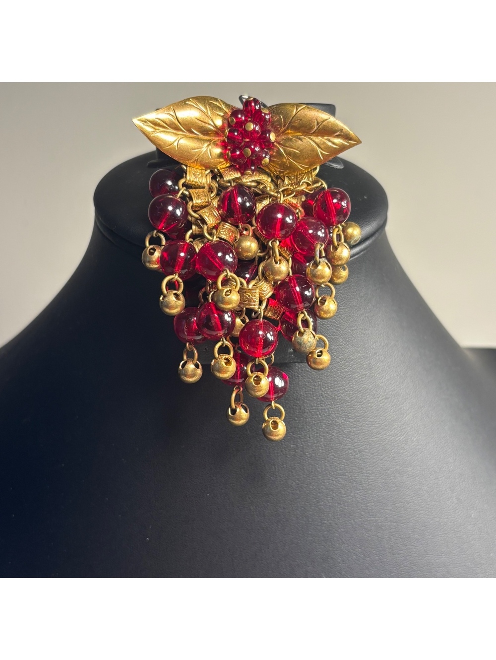 Early Verified Miriam Haskell Red Glass & Brass Bead Large Brooch